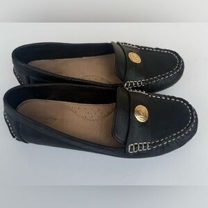 Liz Claiborne Black Faux Leather Driving Loafers White Stitch Gold Hardware 8.5